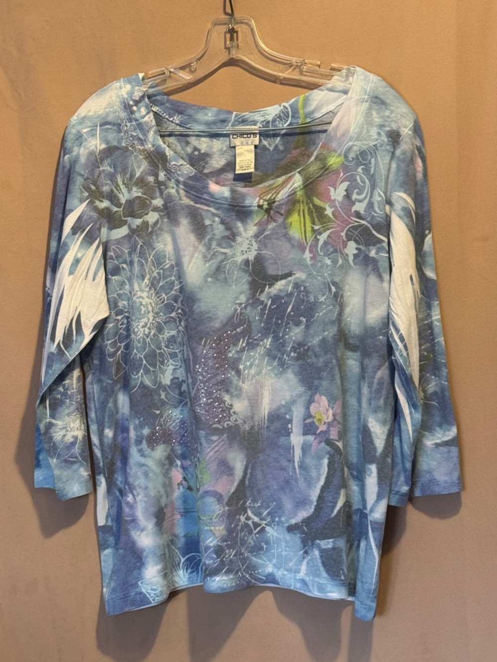 Chico's Blue Floral Wash Long Sleeve Tee with Subtle Embellishment